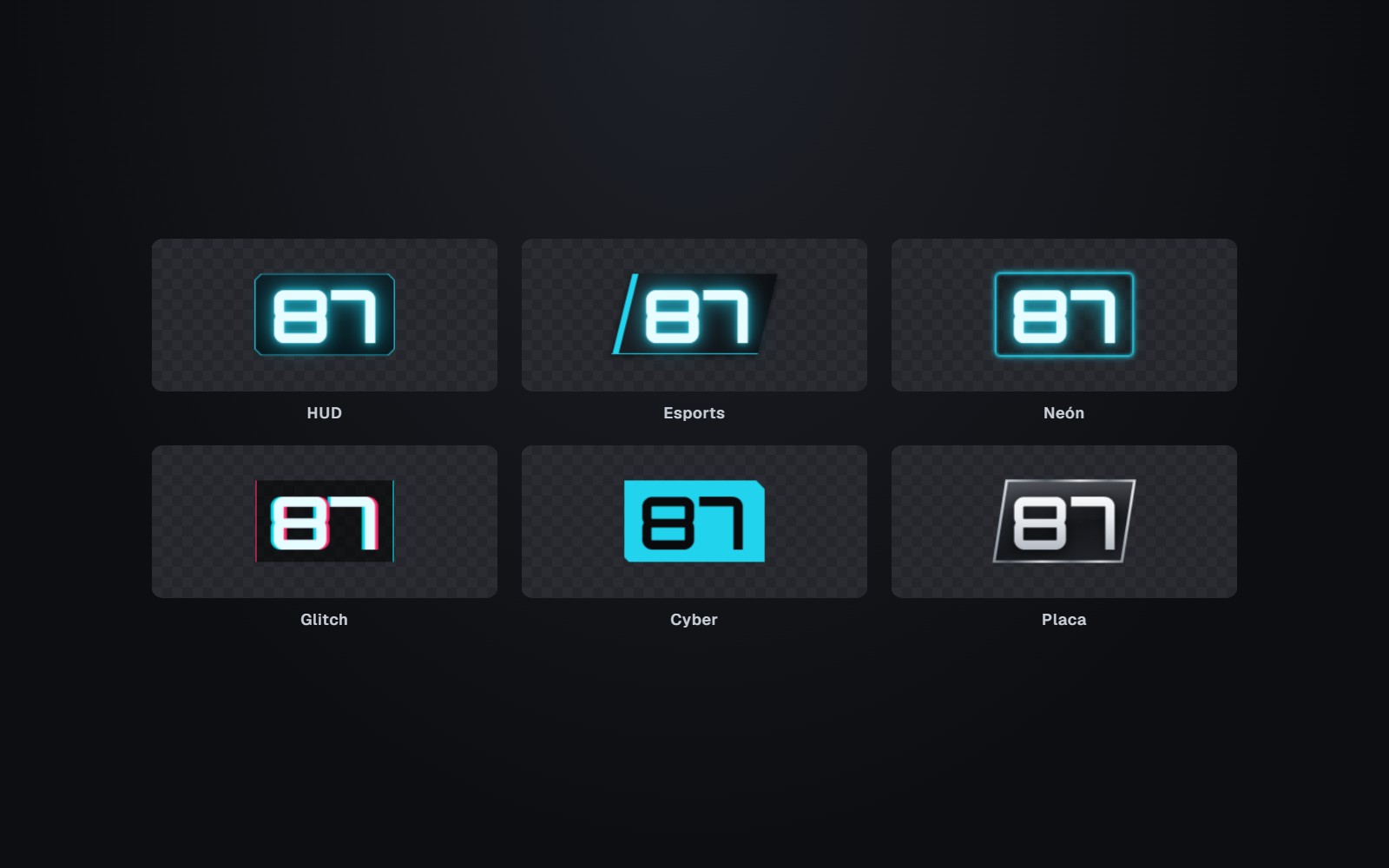 Contador de subs 87 de SilverCount con seis marcos distintos: HUD, Esports, Neón, Glitch, Cyber y Placa metálica.