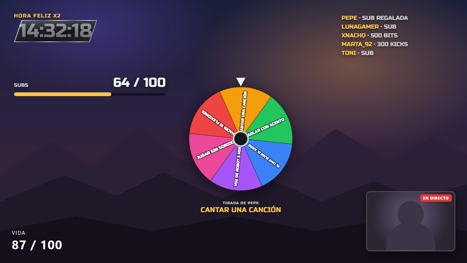 Escena de stream con los overlays de SilverCount: temporizador con placa metálica y cartel de Hora feliz ×2, contador de 64 de 100 subs, últimas subs de Twitch y Kick, y la ruleta mostrando la tirada de Pepe: cantar una canción.