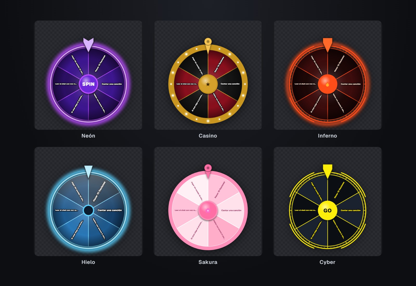 Seis ruletas de SilverCount con temas distintos: Neón morada con botón SPIN, Casino roja y negra con luces doradas, Inferno roja con aro tech, Hielo azul, Sakura rosa y Cyber amarilla con botón GO.